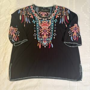 NWT Bohemian Mexican Embroidered Peasant Top Black Rayon Tunic Colorful M
